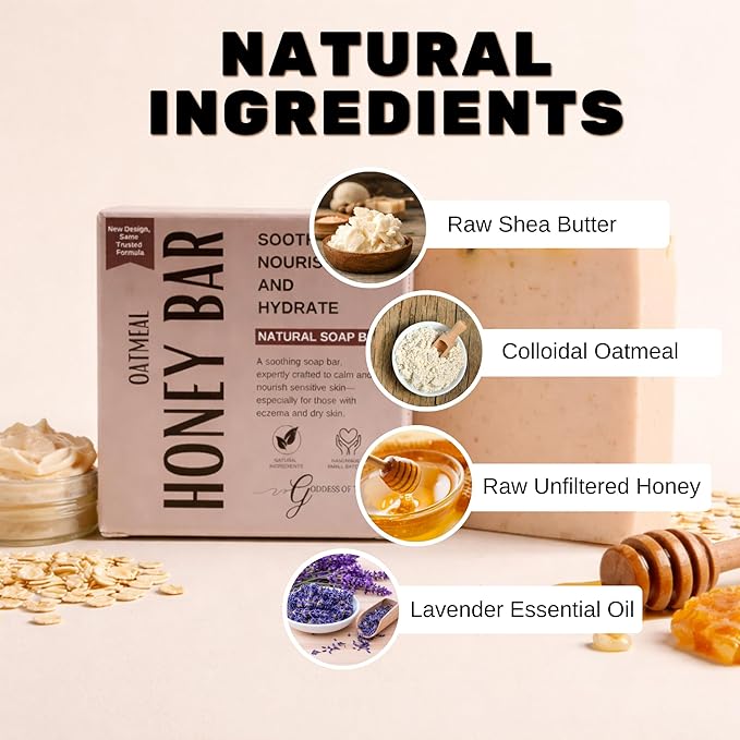 Oatmeal & Honey Bar – Natural Soap for Eczema, Dry & Sensitive Skin | Moisturizing & Soothing Relief | Handmade with Organic Oats, Honey & Shea Butter | Gentle & Vegan (1)