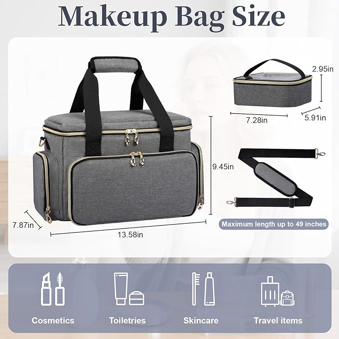 GDNasist Large Makeup Bag, Portable Travel Makeup Bag Organizer for Women Girls with 2 Removable Pouches & Detachable Dividers, Cosmetic Travel Bag, Toiletry Bag for Makeup and Hair Supplies Grey