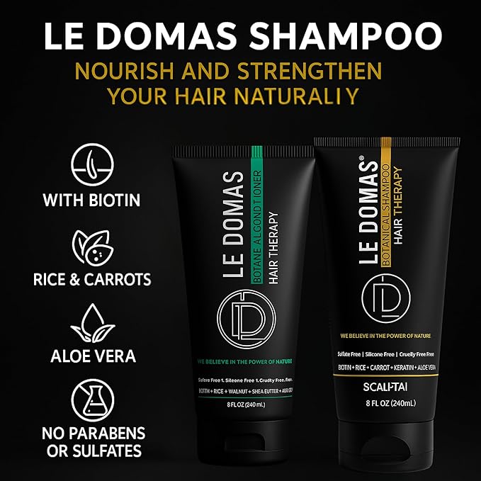 LE DOMAS Botanical Shampoo and Conditioner Set – Sulfate Free Natural Therapy with Biotin, Aloe Vera & Rice - Moisturizing Hair Growth & Repair Formula for Dry, Curly & Color Treated Hair, 8oz Each