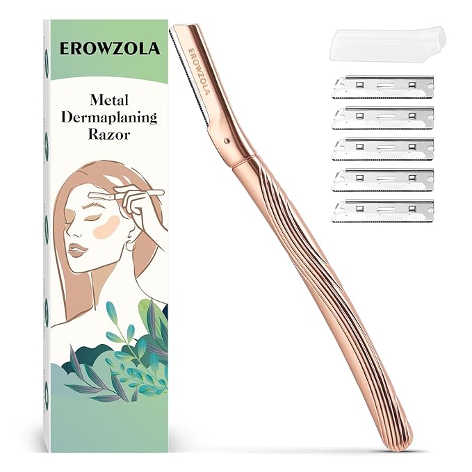 Eyebrow Razor, Face Razors for Women and Men, Reusable Metal Handle with 6 Refill Blades, Eyebrow Trimmer with Precision Cover, Dermaplane Razor, Skin Care Tool - Rose Gold