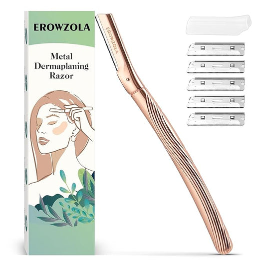 Eyebrow Razor, Face Razors for Women and Men, Reusable Metal Handle with 6 Refill Blades, Eyebrow Trimmer with Precision Cover, Dermaplane Razor, Skin Care Tool - Rose Gold