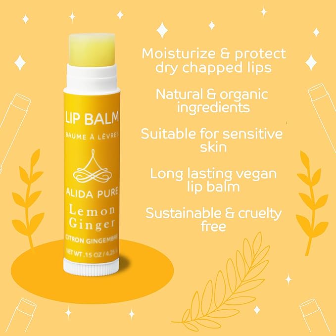 ALIDA PURE Lemon Ginger Lip Balm Collection, Vegan Set, Bees Wax Free, with Organic Jojoba and Avocado Oil, Vitamin E, Natural Moisturizer For Dry, Cracked, or Chapped Lips, 3 Tube Set