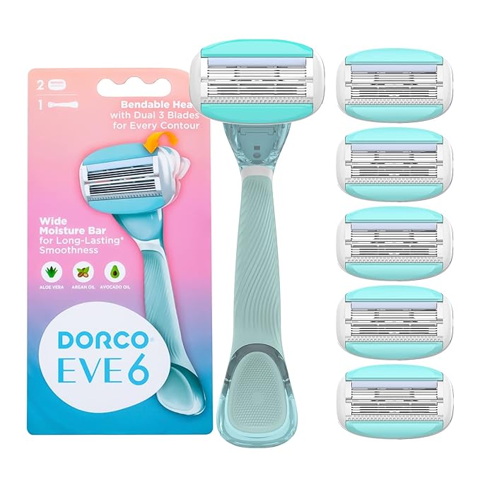 Dorco EVE6 Razor for Women, Includes 1 Razor Handle and 6 Long-Lasting Razor Blade Refills| 1 Handle + 6 Cartridges (Handle + 6 Refills)