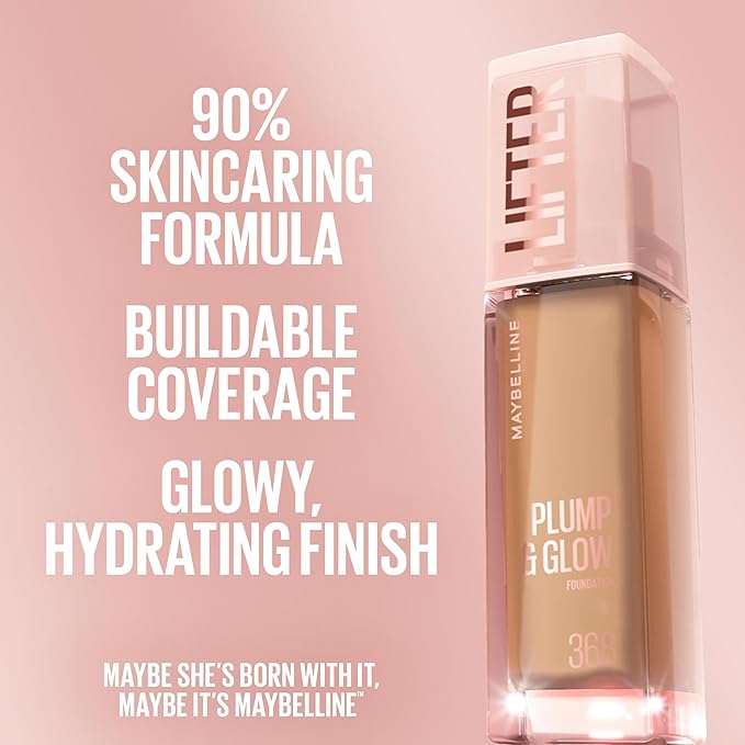Maybelline Lifter Plump & Glow Foundation, Liquid Foundation with 2% Niacinamide + Hyaluronic Acid, Plumping and Brightening Face Makeup, 130, 1 Count