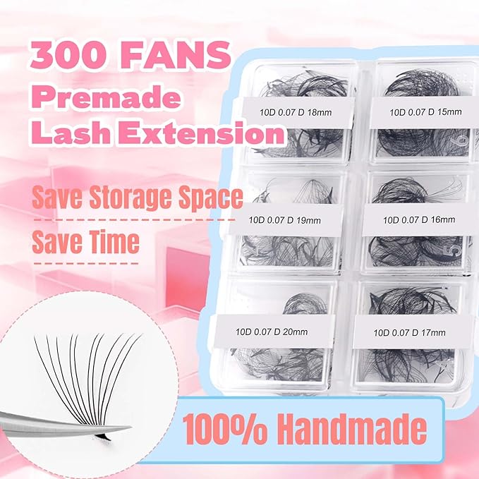 FADLASH Premade Fans Eyelash Extensions 300pcs 10D Premade Lash Fans D Curl Pre Made Fans Lash Extensions Volume Eyelash Extensions Premade Eyelash Fans Loose Fans (10D-0.07D-15-20mm)
