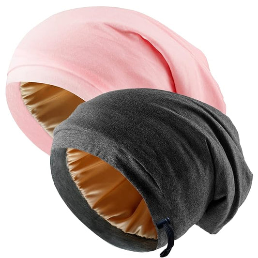 2 Pcs Adjustable Silk Satin Bonnets for Women & Men, Night Cap, Silk Lined Slouchy with Adjustable Strap, Curly Hair Head Scarf