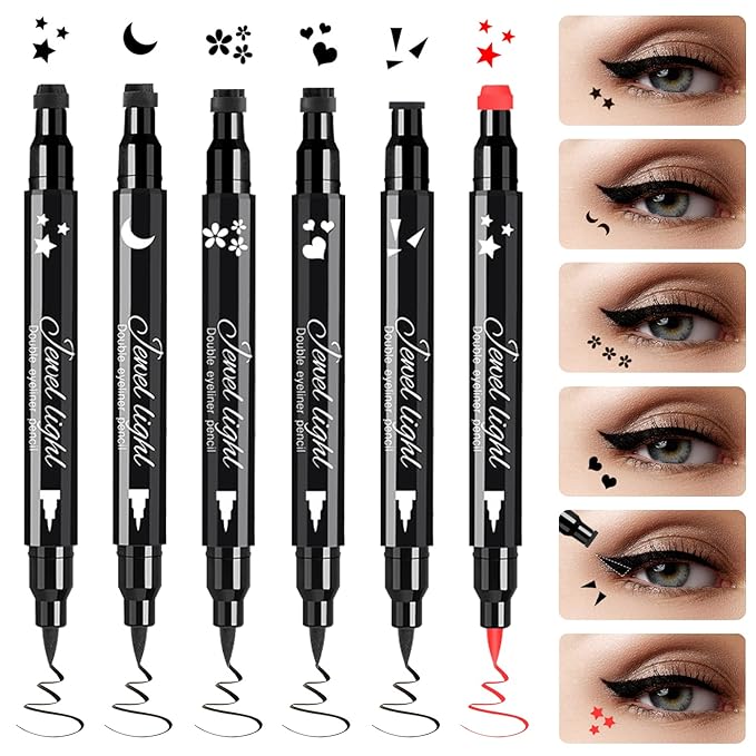 Pinkiou 6Pcs Eyeliner Stamp Pen Set, Long-lasting Eye Liner Pencil for Eye Makeup,Waterproof Double-Sided Liquid Eyeliner Stamp Pen Set for Beginners,Black&Red Heart, Star, Plum,Triangle and Moon