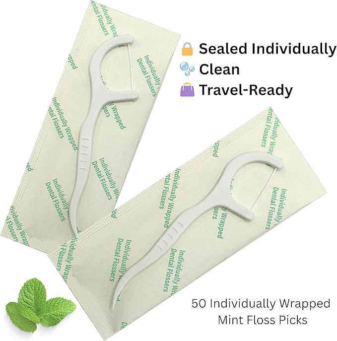 Individually Wrapped Biodegradable Dental Floss Picks, Mint Flavor, PBAT & Starch-Based Material, Single-Use Flossers for Daily Oral Care