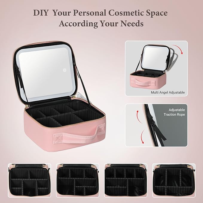 Behaesty Travel Makeup Bag with LED Lighted Mirror, Cosmetic Makeup Organizer Bag with 3 Color Setting, Makeup Train Case with Adjustable Dividers for Women Makeup Brushes Jewelry Accessories (Pink)