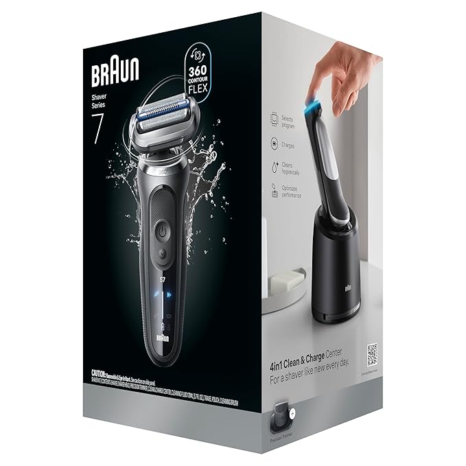 Braun Electric Razor for Men Series 7, Electric Shaver, Extra Head, Precision Trimmer, 4-in-1 Clean & Charge Center, Case, S7 7185cc