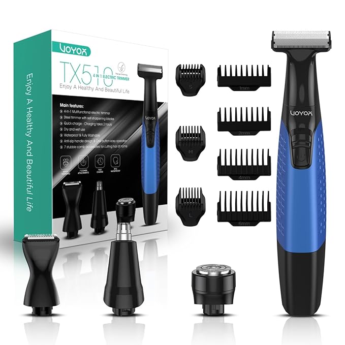 VOYOR Beard Trimmer for Men Electric Razor, Nose Face Body Hair Trimmer with Adjustable Length Combs All in 1 Rechargeable Mens Grooming Kit Cordless Electric Shaver Wet/Dry TX510 (Blue)