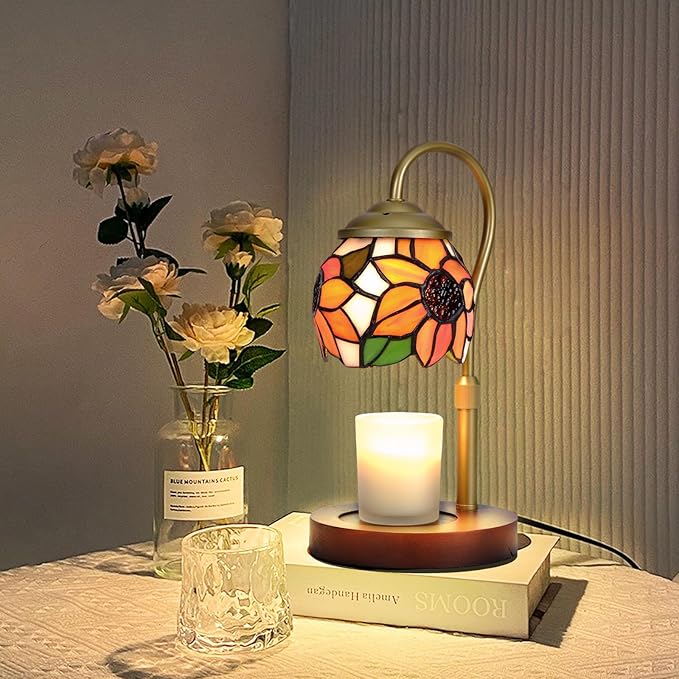 Sunflower Tiffany-Style Candle Warmer Lamp,Handcrafted Stained Glass Home Decor for Living Room, Farmhouse,Wax Melter with LED Bulb.(Sunflower)