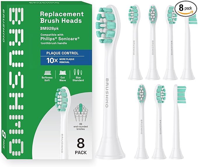 Brushmo Plaque Control Replacement Toothbrush Heads, Compatible with Philips Sonicare Click-on Electric Toothbrush Handles, 8 Standard Replacement Heads, Soft Dupont Bristles, BM928, White