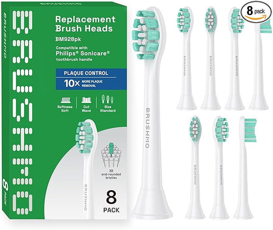 Brushmo Plaque Control Replacement Toothbrush Heads, Compatible with Philips Sonicare Click-on Electric Toothbrush Handles, 8 Standard Replacement Heads, Soft Dupont Bristles, BM928, White