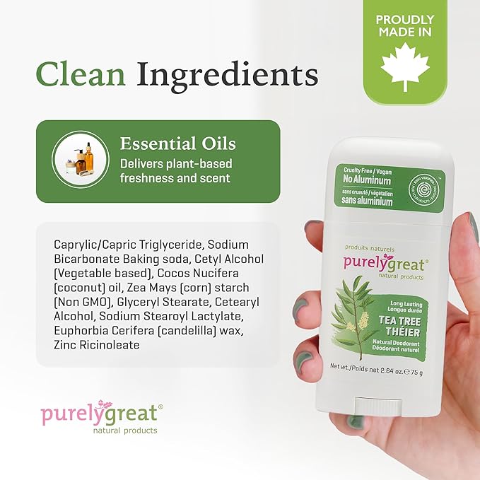 Purelygreat - Tea Tree Scented Natural Deodorant Stick, Travel-Friendly Hygiene Essentials for Women, Natural Deodorant for Men Without Aluminum & Parabens, 2.64 oz / 75 g
