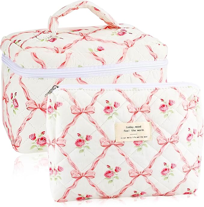 URSKYTOUS 2Pcs Cotton Quilted Makeup Bag for Women Girls Large Small Travel Floral Cosmetic Bags Set Cute Coquette Pink Makeup Pouch for Purse Aesthetic Cloth Flower Storage Toiletry Bag Organizer