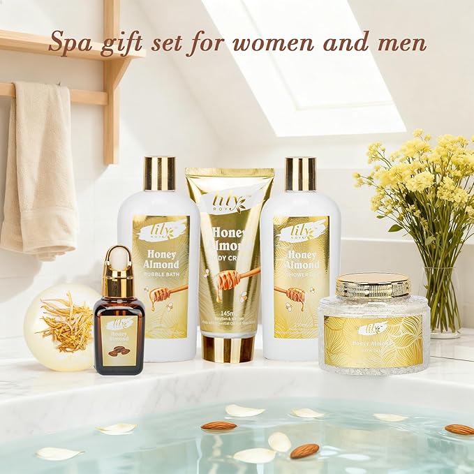 Valentines Day Gifts for Women - 7-Piece Honey Almond Spa Gift Set, Bath & Body Gift Set, Bath Collection | Mothers Day Gifts for Mom, Fathers Day, Birthday, Christmas Gift, Holiday Present for Women