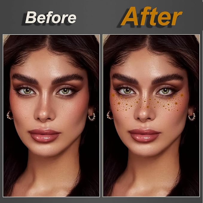 20PCS Glitter Freckles Face Tattoo, 4 Sheets/5 Styles Face Glitter Freckles for Festival & Rave, Waterproof Temporary Face Glitter Freckle Tattoo for Halloween Christmas Concerts Sparkle Makeup (Gold)