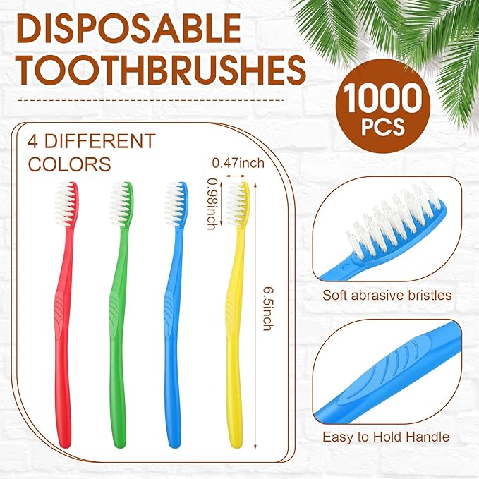 Tioncy 1000 Pieces Disposable Toothbrushes Individually Wrapped Toothbrushes Bulk Soft Bristle Tooth Brush Travel Manual Brush for Adults Camping Homeless Office Dental Care