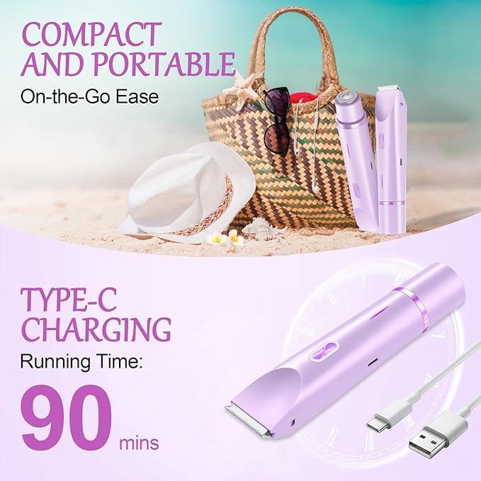 Bikini Trimmer for Women, 2-in-1 Painless Bikini Shaver with Ceramic Blade, Dual-Head Electric Shaver, Ipx7 Waterproof for Shower & Travel, Womens Electric Razor for Armpit Leg Body Facial, Purple