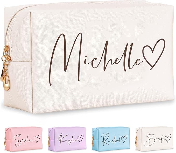 Fincekoom Valentines Day Gifts for Her Teen Girls, Personalized Makeup Bag with Name & Birth Flower, Custom Leather Cosmetic Bags for Women, Customized Travel Toiletry Bag Gifts for Bridesmaid Wedding