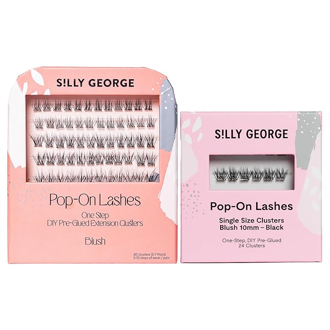 Silly George PopOn Lash 84 Cluster Pre-Glued Featherlight Bionic Silk 5 to 10 Day Wear Press-On Lash Bundle with 60 Pack MultiLength Plus 24 Pack Single Size Black Blush 10mm