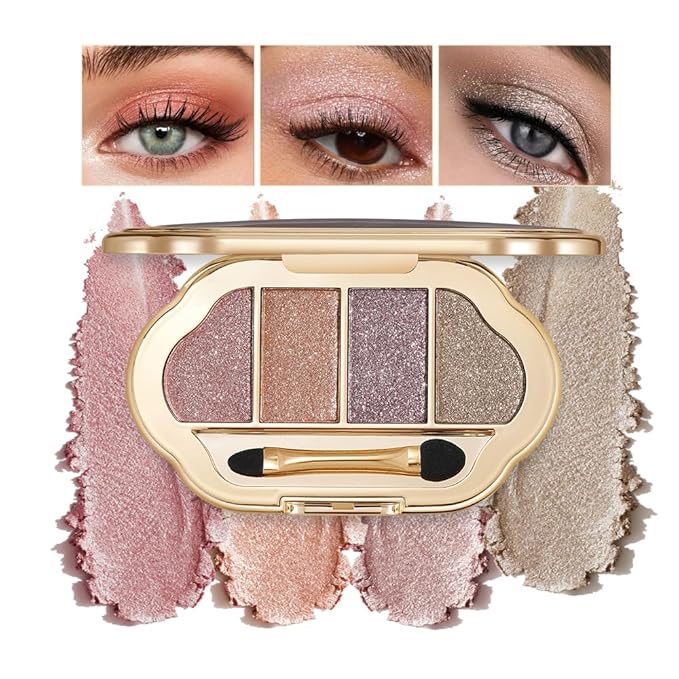 Neutral Warm Shimmer Eyeshadow Palette, Rose Gold & Champagne Taupe 4-Color Pressed Glitter Eyeshadow Set for Everyday Soft Glam, Long Lasting, Blendable Makeup Gift for Women