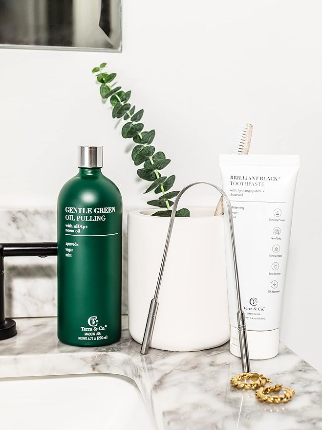 Terra & Co. Nano Hydroxyapatite Gentle Green Oil Pulling - Vegan Natural Mouthwash for Teeth and Gum Health – Alcohol-Free and Fluoride-Free - Made with Cold Pressed Plant Oils | 6.75 oz