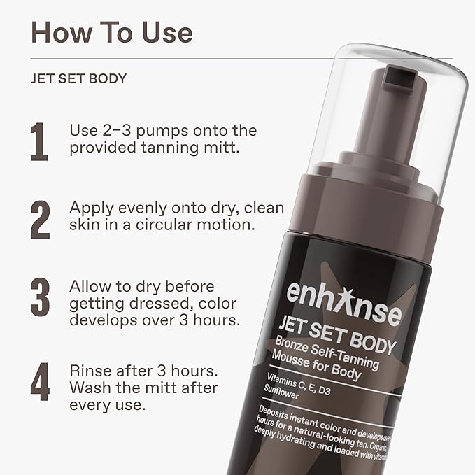 ENHANSE Jet Set Body Express Self Tanner Mousse & Tanning Mitt for Men, Hydrating Self Tan, Vitamin C E D3, Perfect Vacation Prep, Develops in 1-3 Hours, Anti Orange Streak Free Tanning, 5 Fl Oz