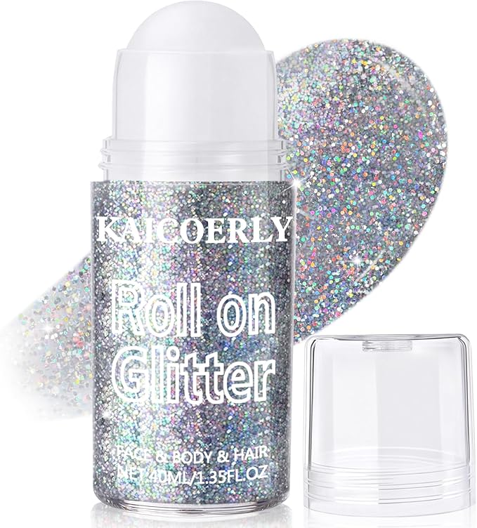 Roll-on Holographic Body Glitter Gel for Women Girls, Sparkle Chunky Glitter Makeup for Christmas New Year Festival Halloween Party Rave, Face Glitter Makeup for Face Body Hair Lips（Silver）