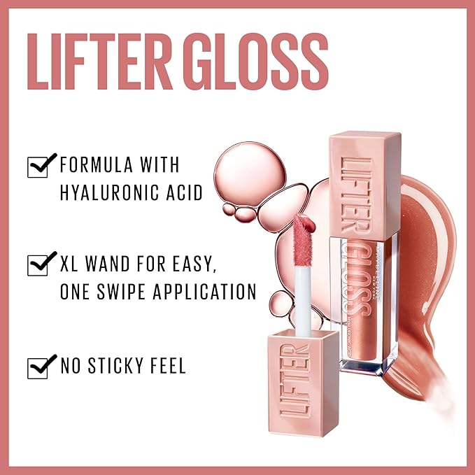 Maybelline Lifter Gloss, Hydrating Lip Gloss with Hyaluronic Acid, High Shine for Plumper Looking Lips, Gold, Warm Neutral, 0.18 Ounce