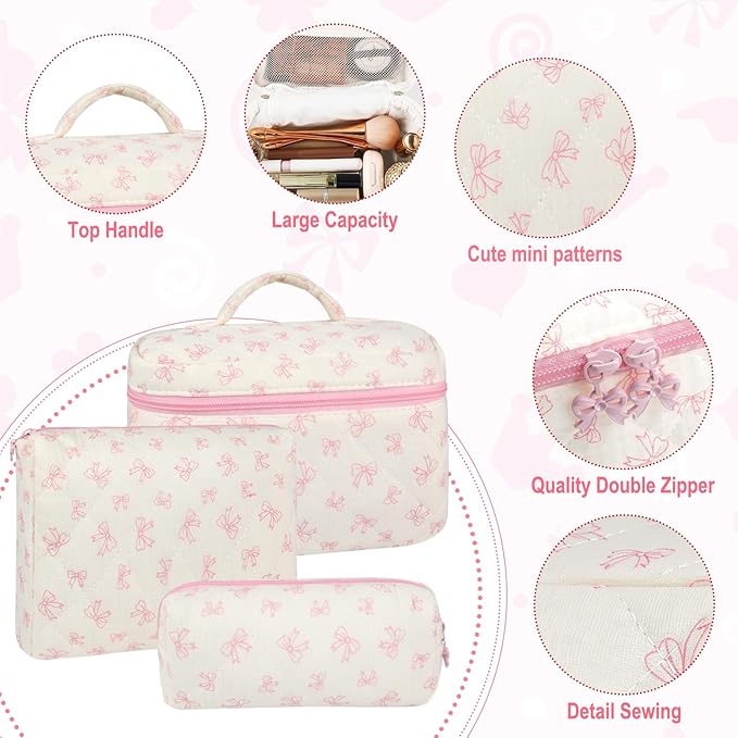 URSKYTOUS 3Pcs Makeup Bag Quilted Cotton Cosmetic Bags for Women Large Small Pink Bow Makeup Pouch Set Cute Coquette Floral Travel Bags Portable Skincare Toiletry Bag Vintage Puffy Essential Organizer