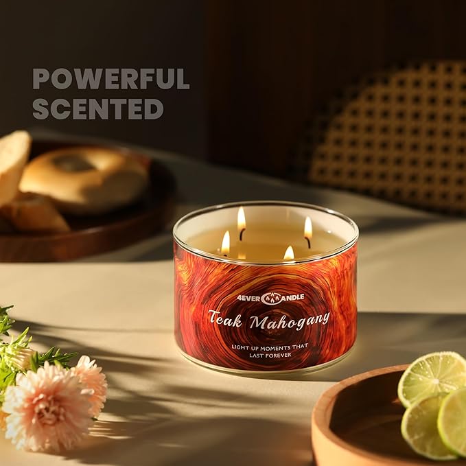 4EVER Scented Candles | 4-Wick 18oz Soy Wax Candle | Up to 50Hrs Clean Burn | Aromatherapy Candles for Home Scented | Gifts for Women & Mom, Teakwood & Mahogany