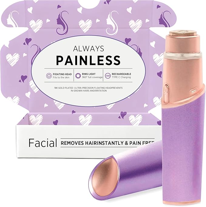 Facial Hair Removal for Women: Electric Razor for Smooth Skin Painless Trimmer Rechargeable Shaver for Upper Lip Peach Fuzz Chin Pocs Hair at Home Travel Gifts for Women(Purple)
