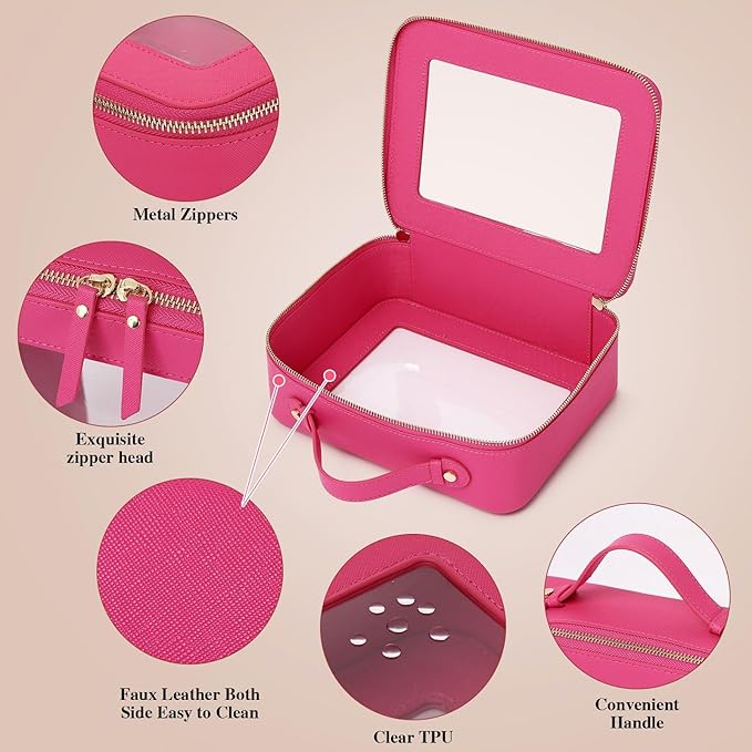 Pinkmik Clear Makeup Bag for Women Waterproof Travel Cosmetics and Toiletries Case Portable Makeup Oaganizer Bag Clear Car Bag with Zipper (X/Fuxia, M+L)