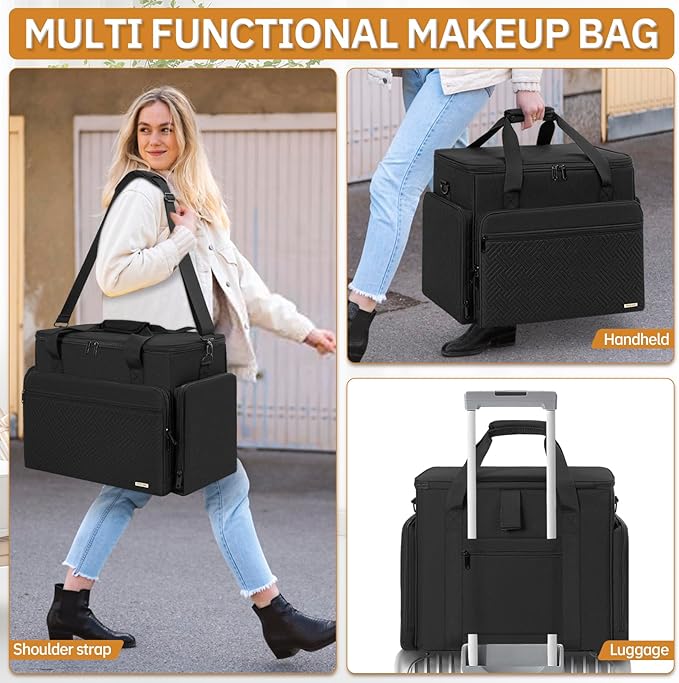 FREEAMG Extra Large Makeup Case with 4 Removable Pouches, Professional Make up Train Case, Travel Cosmetic Bag for Hairstylists Nail Tech Makeup Artist with Shoulder Strap and Handle (Black)（Bag only）