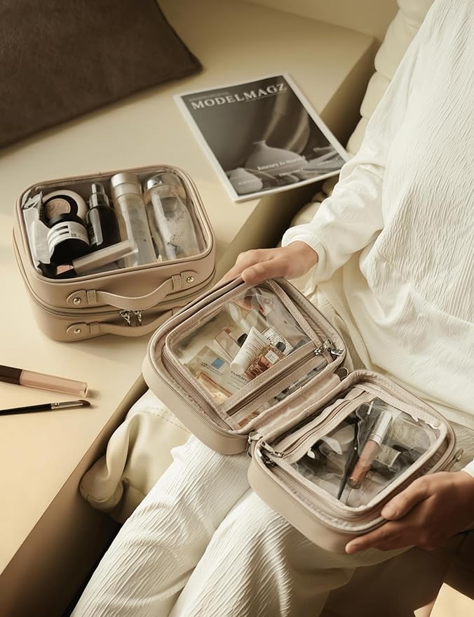 Oaque Clear Cosmetic Bag Double Layer 4 Compartments Travel Toiletry Bag Clear Makeup Bag Case with Zipper Transparent Travel Bag for Toiletries, Gift for Women Girls (Taupe, Small)