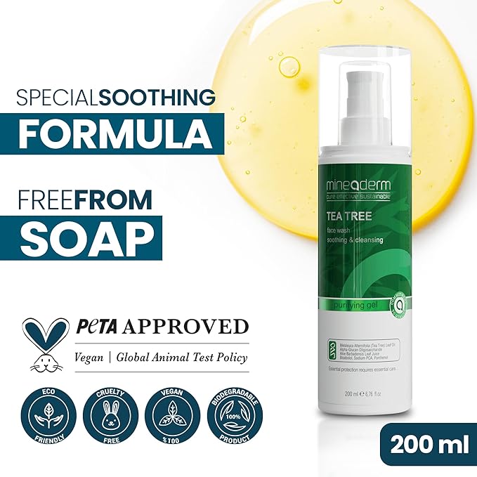Mineaderm Tea Tree Face Wash for Acne-Prone & Oily Skin – Purifying Facial Cleanser with Aloe Vera, Panthenol & Bisabolol – Gentle Daily Gel Cleanser – 6.76 fl oz