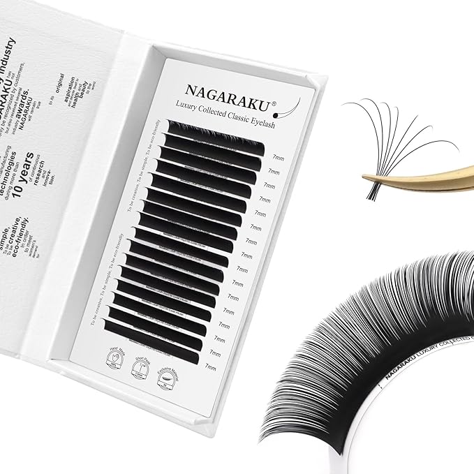 NAGARAKU Individual Eyelash Extensions, Luxury Collected Classic Single Lashes Upgraded 3rd Generation Soft Natural Beauty Salon Professional Lash Supplies 16 Rows Matte Black -0.07 C Curl 7mm