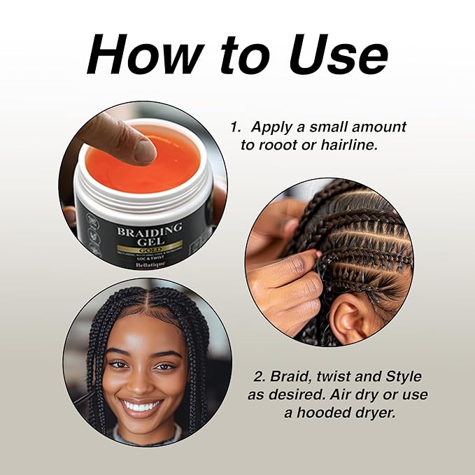BELLATIQUE GOLD Braiding Gel Maximum Hold for LOC & Twist - No Flaking, No Whitening, Fast Drying, High Shine, Cool & Refreshing, Long Lasting Hold (10 oz)