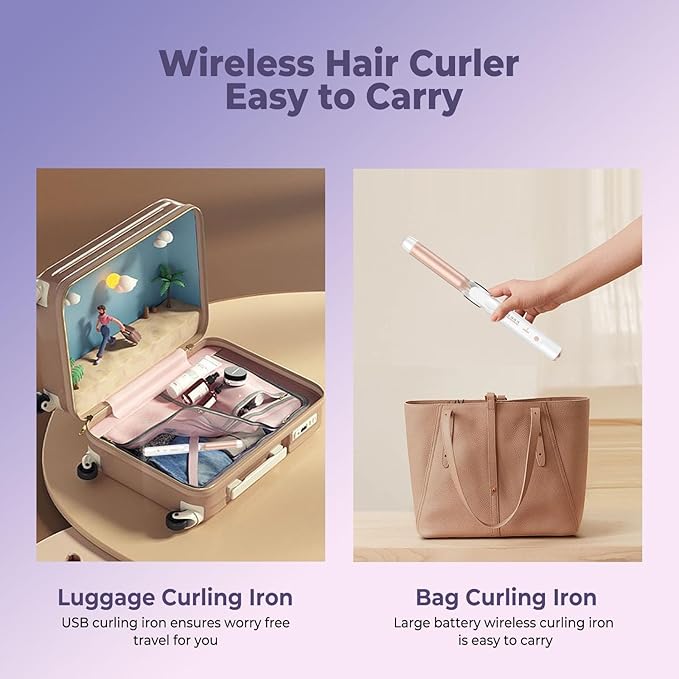 Cordless Curling Iron Rechargeable,USB Rechargeable 9000 mAh Cordless Hair Curler,4 Temp Setting Travel Battery Powered Curling Iron,2 in 1 Portable Hair Straightener and Curler