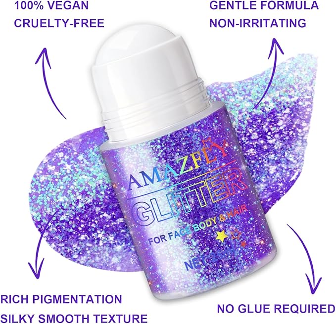 Roll-on Holographic Body Glitter Gel for Face and Hair, Chameleon Color Changing Glitter Gel Under Light, Chunky Mermaid Sequins Shimmer Makeup for Halloween Party Rave Accessories (Purple)