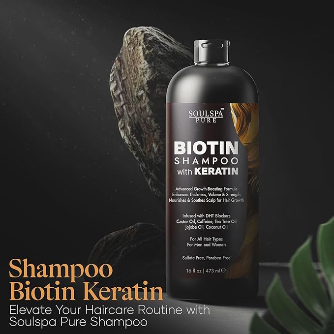 SOULSPA PURE Biotin Shampoo with Keratin - Advanced Anti-Thinning, Hair Growth & Repair Formula - Soothes Scalp, with Tea Tree Oil & DHT Blockers - Strong, Healthy Hair for Men & Women - 16 fl oz