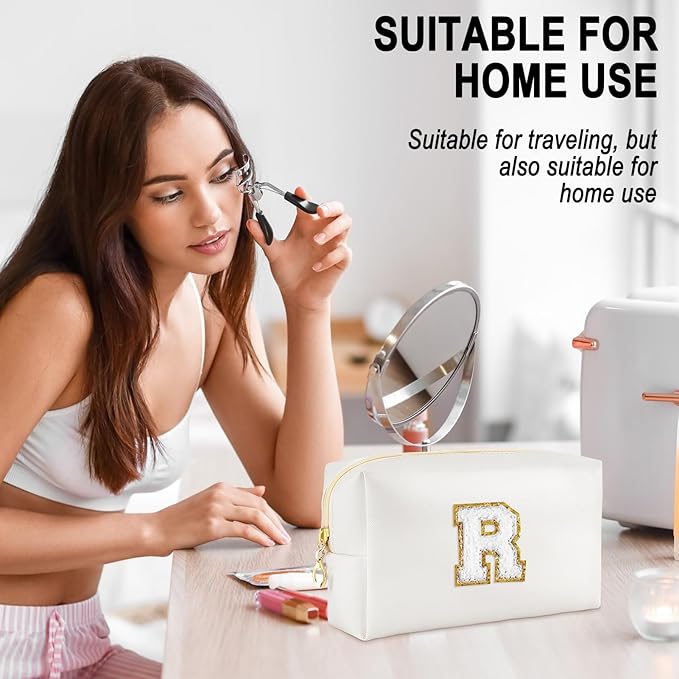 URSKYTOUS Gifts for Girls Initial Makeup Bag Personalized Cosmetic Bag with Zipper Cute Travel Toiletry Bags Waterproof PU Preppy Makeup Pouch Birthday Gift for Teen Girls Women(White R)
