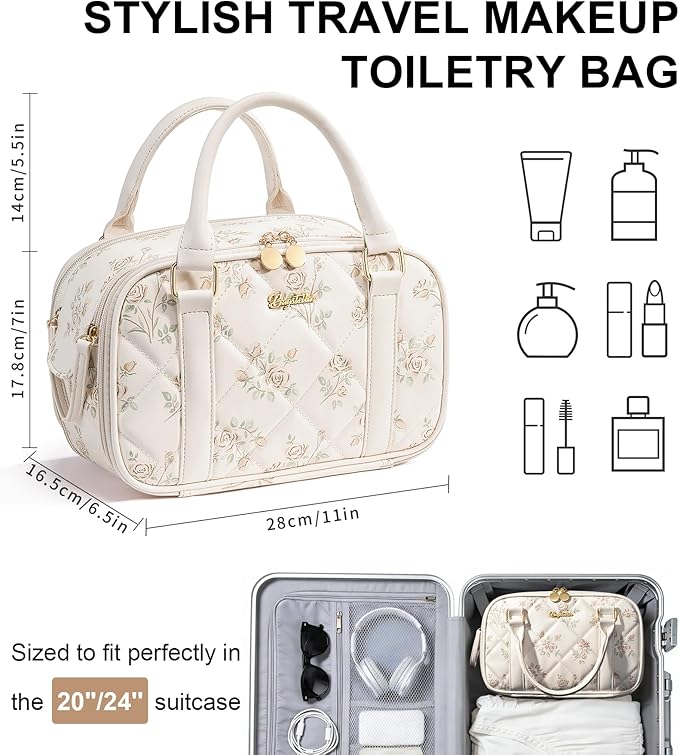 Bagstellar Travel Makeup Bag, Large Capacity Quilted Toiletry Bag for Women Wide-open Cosmetic Bag Make Up Case Organizer Portable Pouch w/Handle & Brush Holder for Traveling Accessories Beige Floral