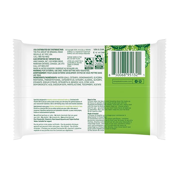Simple Kind To Skin Micellar Makeup Remover Wipes - Face Wipes Instantly Remove Waterproof Makeup - Enriched with Vitamin B5 and E - Vegan - 20 pc