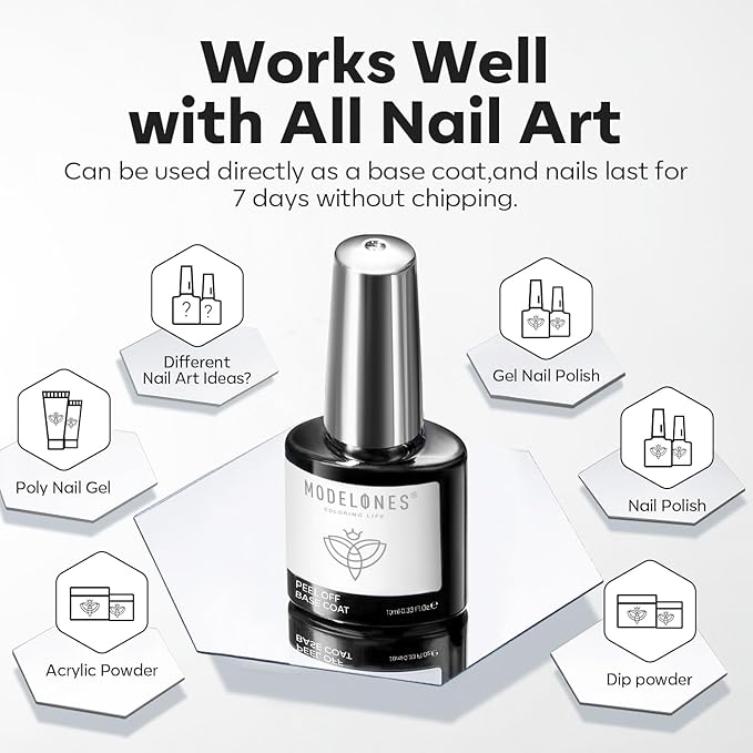 modelones Non-U V Peel off Gel Base Coat, Quick Dry Peelable Base Coat for Gel Nail Polish Beginner Friendly Gentle Protection for Thin & Weak Nails,10ml