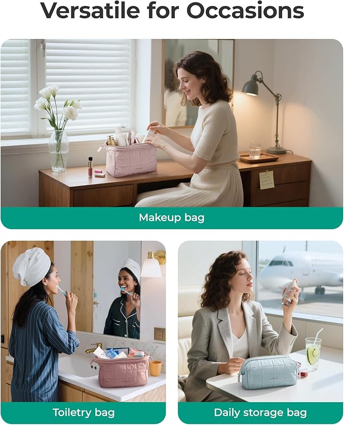 BAGSMART Makeup Bag Travel Toiletry Bag, Puffy Padded Make Up Bags for Women Makeup Organizer Case, Wide-open Pouch Purse Travel Essentials Toiletries Accessories Brushes, Light Blue
