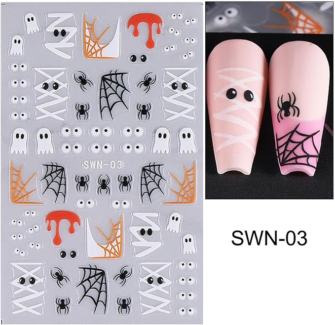 8 Sheets Halloween Nail Art Stickers Decals 3D Self-Adhesive Horror Ghost Spider Web Spider Pumpkin Hand Bone Skull Black Cat Nail Stickers Cute Halloween Nail Decals for Women