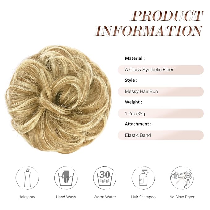 FESHFEN Messy Bun Hair Piece - Wavy Synthetic Chignon Scrunchies for Instant Volume, Elastic Bun Ponytail Hair Extensions Thick Hairpieces for Women, Sunny Blonde 1.50 oz